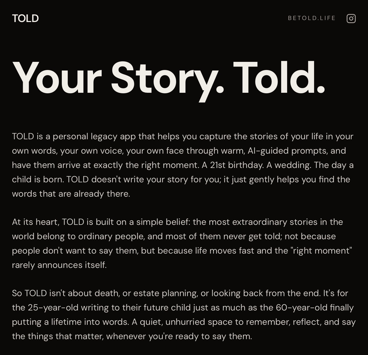 TOLD landing page with the headline 'Your Story. Told.'