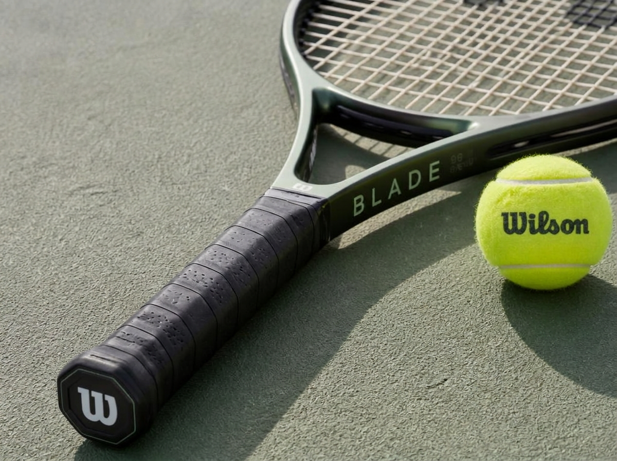 Close-up of a tennis racket grip and ball on a court